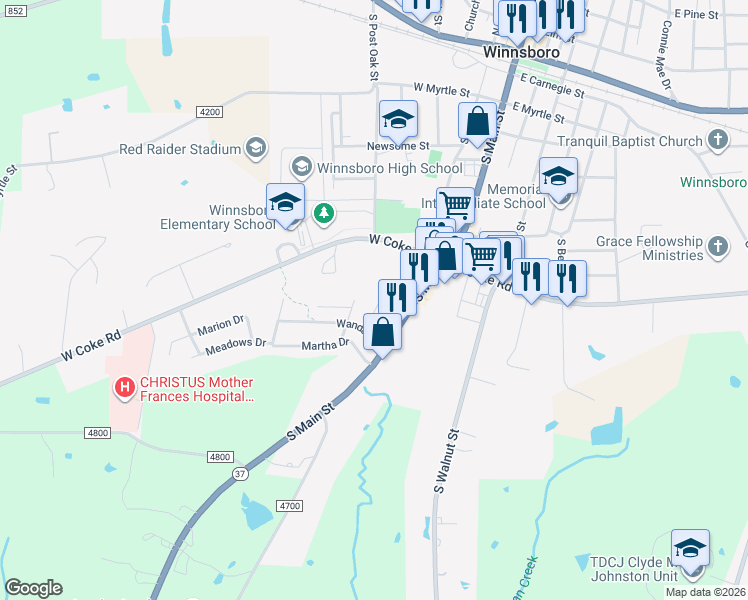 map of restaurants, bars, coffee shops, grocery stores, and more near 809 Mark Trail in Winnsboro
