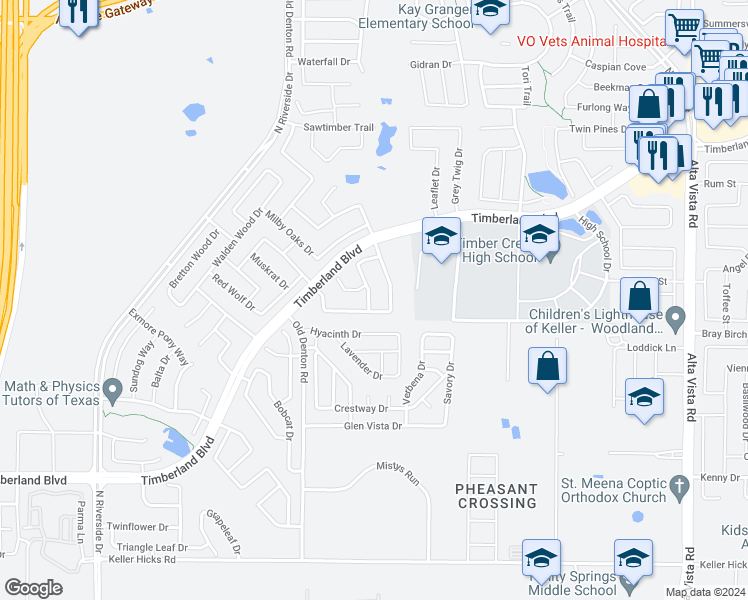 map of restaurants, bars, coffee shops, grocery stores, and more near 12108 Thicket Bend Drive in Fort Worth