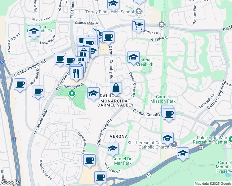 map of restaurants, bars, coffee shops, grocery stores, and more near 12747 Via Nieve in San Diego