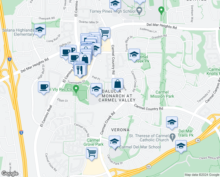 map of restaurants, bars, coffee shops, grocery stores, and more near 3754 Mykonos Lane in San Diego