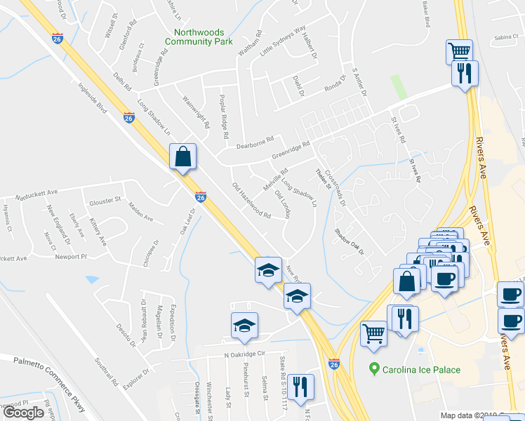 map of restaurants, bars, coffee shops, grocery stores, and more near 2513 Melville Road in North Charleston
