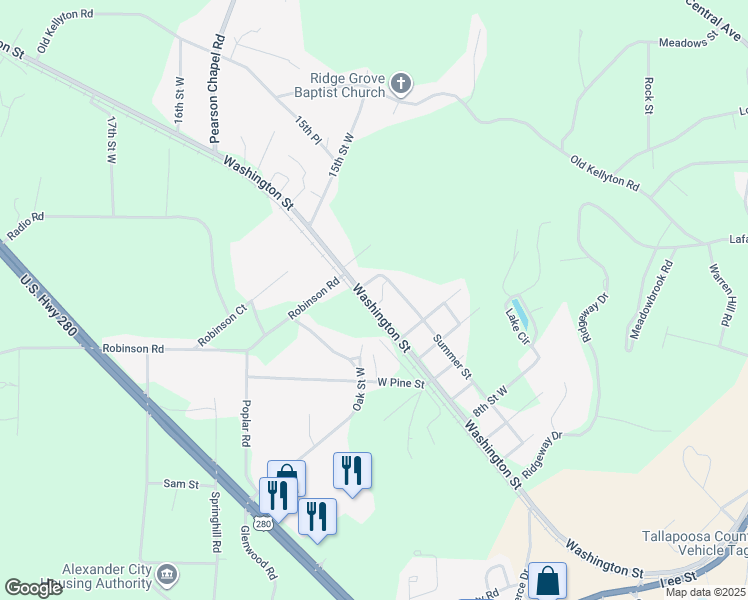 map of restaurants, bars, coffee shops, grocery stores, and more near 101-199 13th Street West in Alexander City