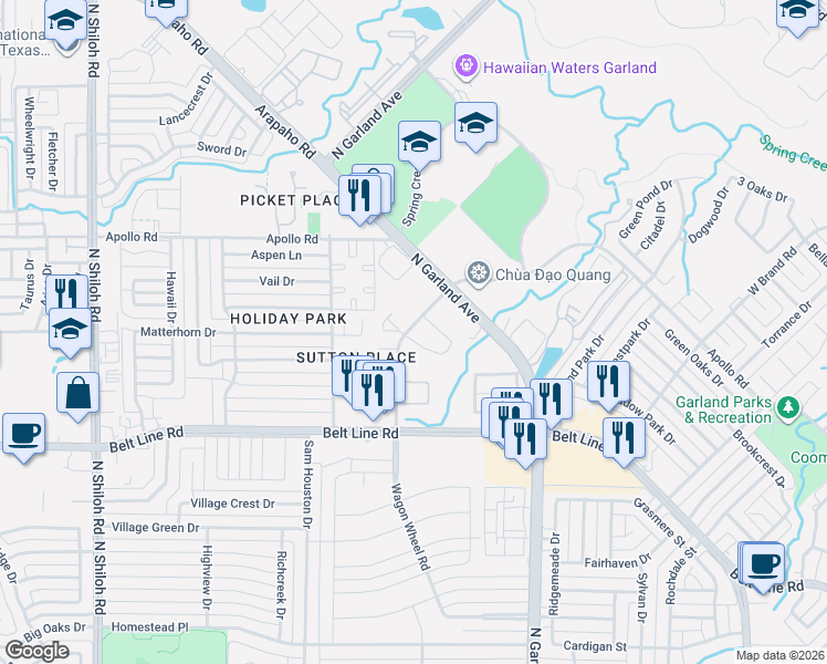 map of restaurants, bars, coffee shops, grocery stores, and more near 3533 Mustang Ridge Road in Garland