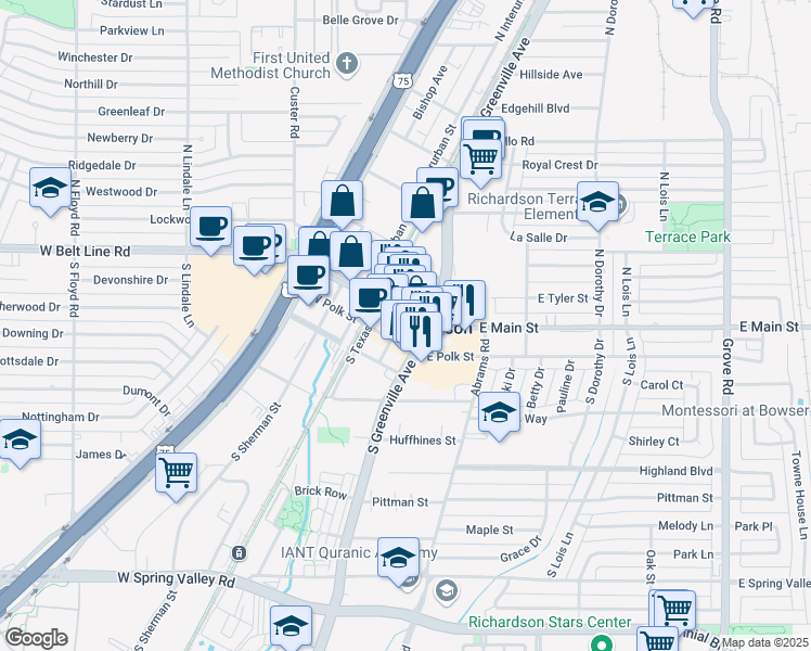 map of restaurants, bars, coffee shops, grocery stores, and more near in Richardson