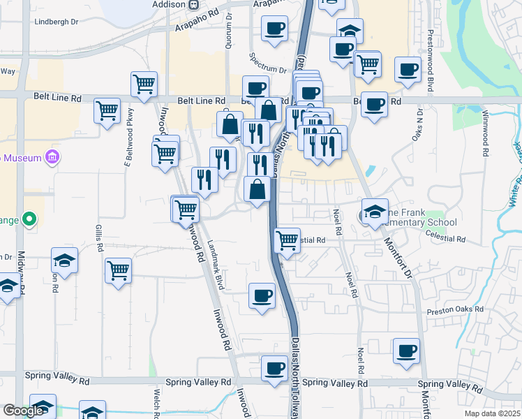 map of restaurants, bars, coffee shops, grocery stores, and more near 14841 Dallas Parkway in Dallas