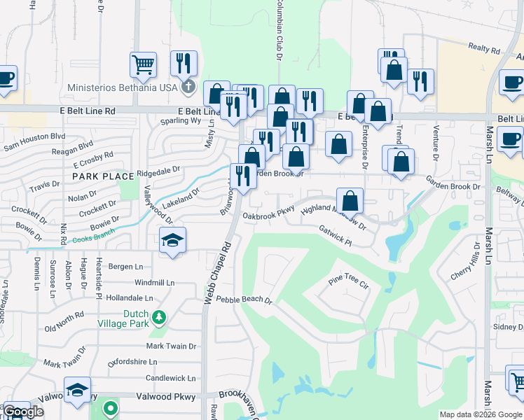 map of restaurants, bars, coffee shops, grocery stores, and more near 3165 Golden Oak Court in Farmers Branch