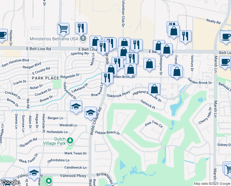 map of restaurants, bars, coffee shops, grocery stores, and more near 3165 Golden Oak Court in Farmers Branch