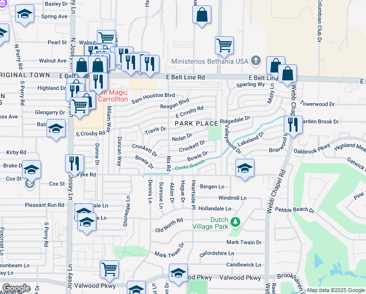 map of restaurants, bars, coffee shops, grocery stores, and more near 2210 Nolan Drive in Carrollton