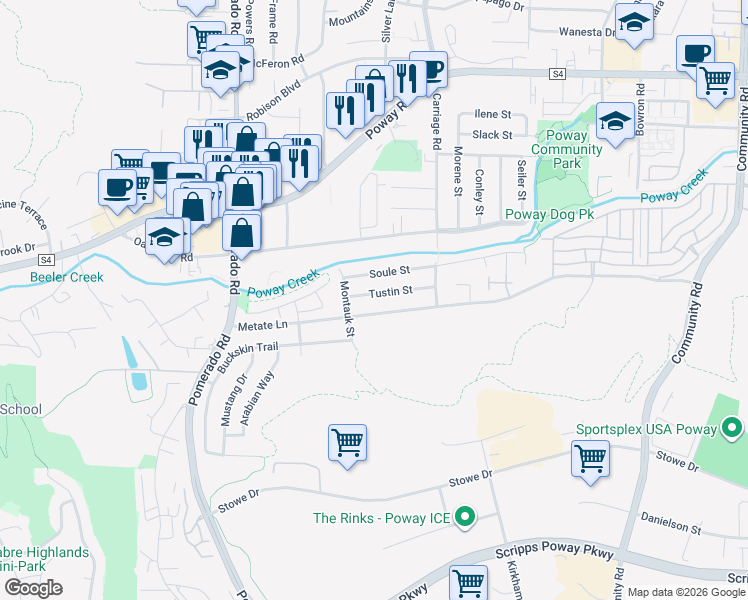 map of restaurants, bars, coffee shops, grocery stores, and more near 12627 Tustin Street in Poway