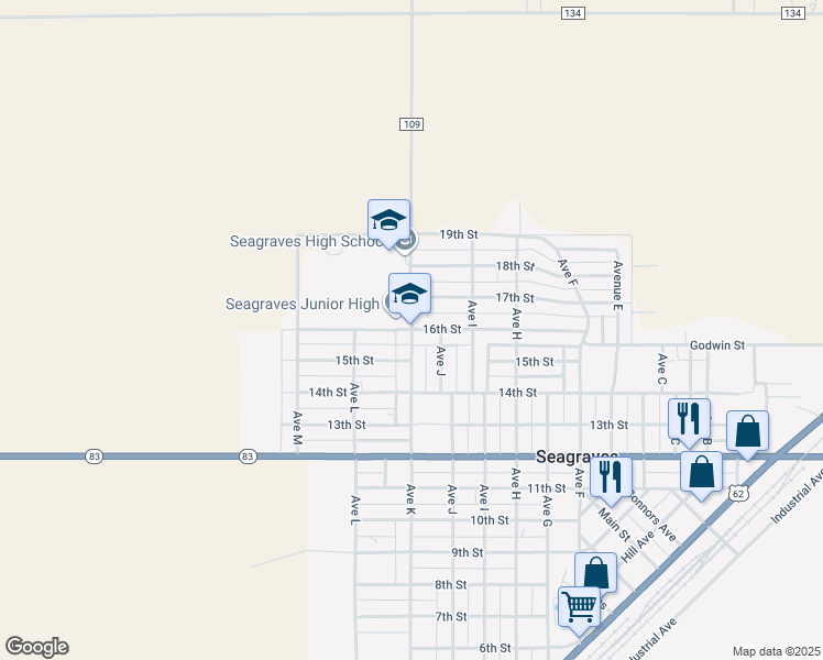 map of restaurants, bars, coffee shops, grocery stores, and more near 1101 16th Street in Seagraves