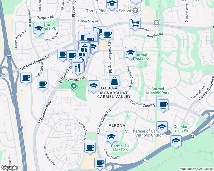 map of restaurants, bars, coffee shops, grocery stores, and more near 3754 Mykonos Lane in San Diego