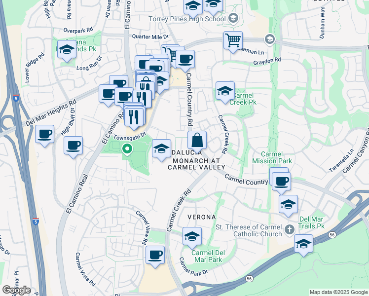 map of restaurants, bars, coffee shops, grocery stores, and more near 3770 Mykonos Lane in San Diego