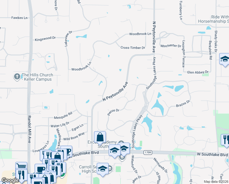 map of restaurants, bars, coffee shops, grocery stores, and more near 550 North Peytonville Avenue in Southlake