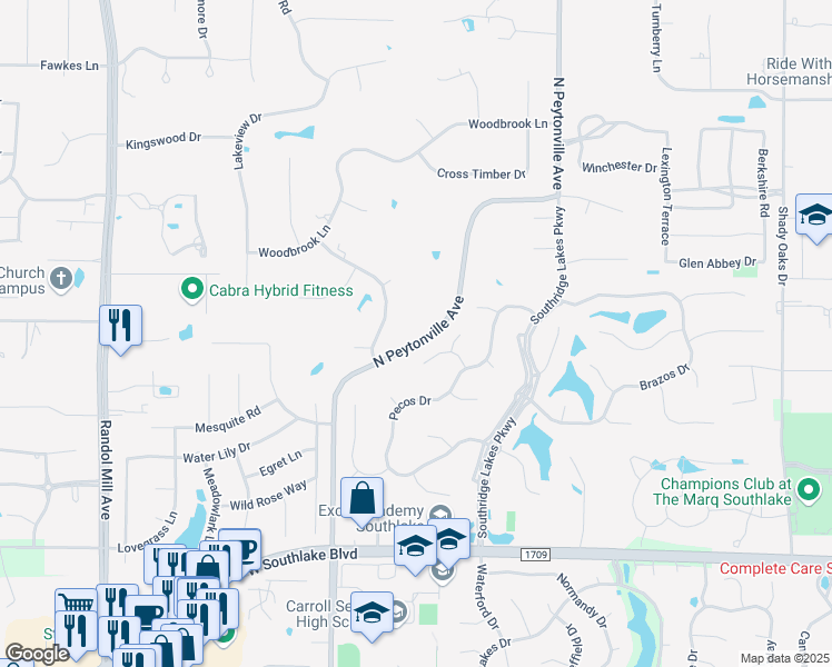 map of restaurants, bars, coffee shops, grocery stores, and more near 550 North Peytonville Avenue in Southlake