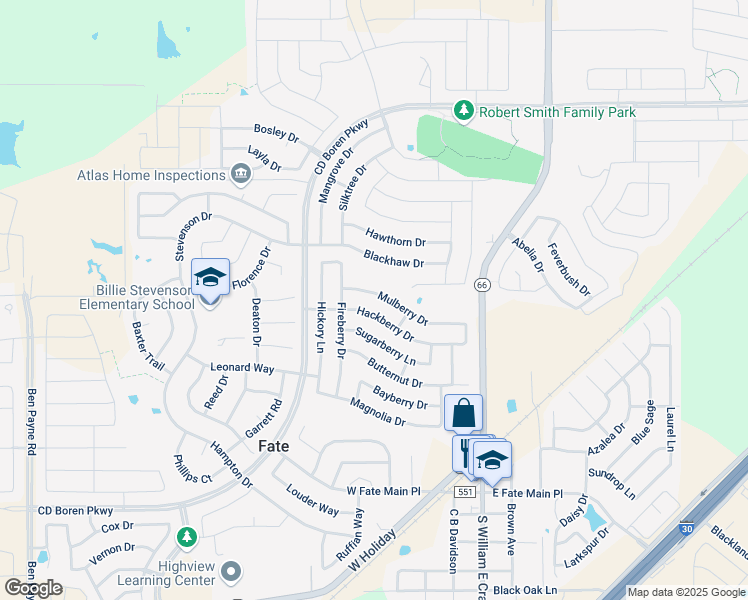 map of restaurants, bars, coffee shops, grocery stores, and more near 319 Mulberry Drive in Rockwall