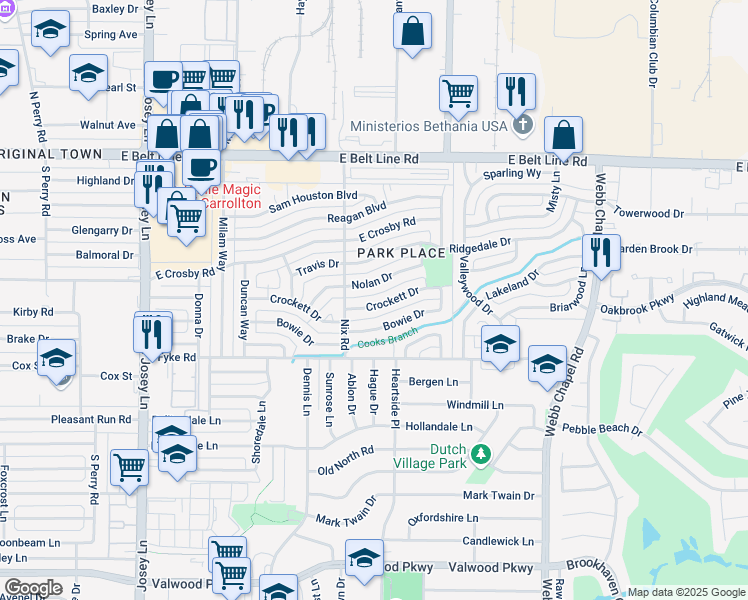 map of restaurants, bars, coffee shops, grocery stores, and more near 2210 Nolan Drive in Carrollton