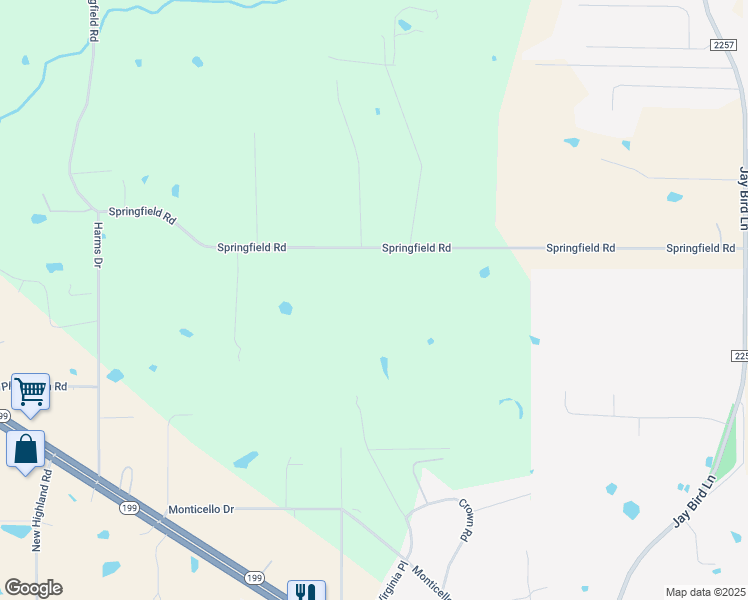 map of restaurants, bars, coffee shops, grocery stores, and more near 3200 Springfield Road in Springtown