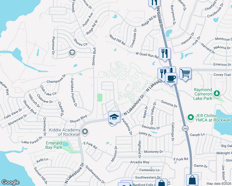 map of restaurants, bars, coffee shops, grocery stores, and more near 1514 Petaluma Drive in Rockwall
