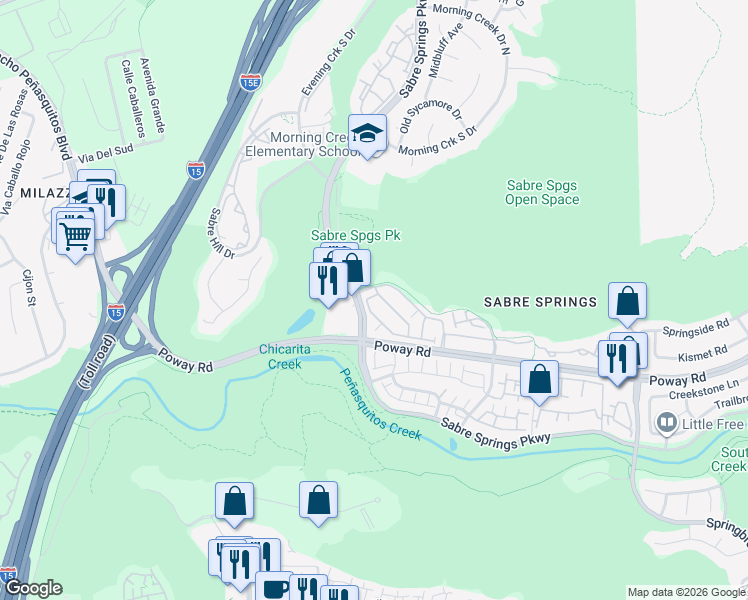 map of restaurants, bars, coffee shops, grocery stores, and more near 10804 Serafina Lane in San Diego