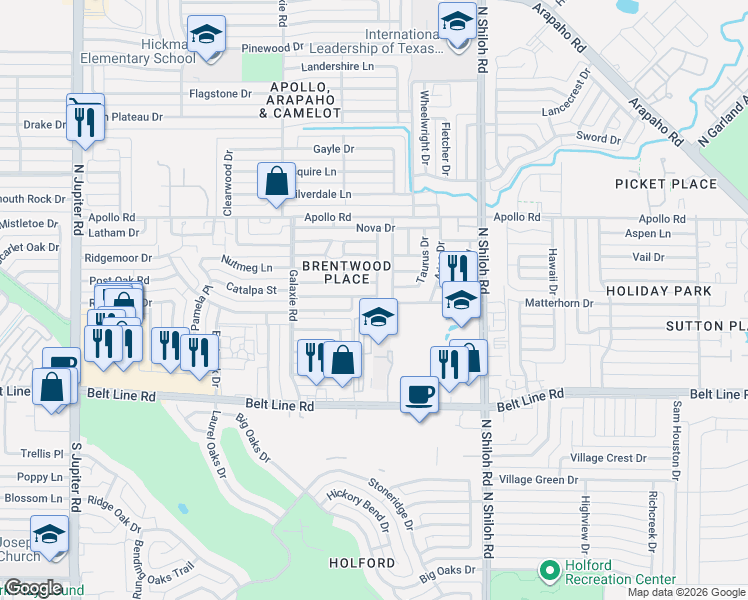 map of restaurants, bars, coffee shops, grocery stores, and more near 2856 Capella Circle in Garland