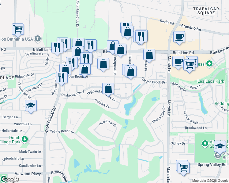 map of restaurants, bars, coffee shops, grocery stores, and more near 14800 Enterprise Drive in Farmers Branch