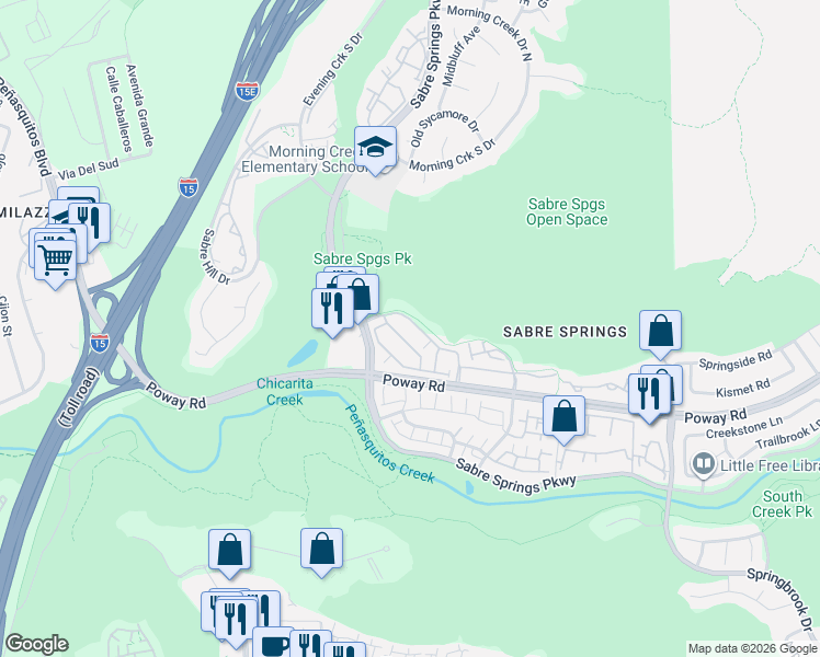 map of restaurants, bars, coffee shops, grocery stores, and more near 12737 Savannah Creek Drive in San Diego