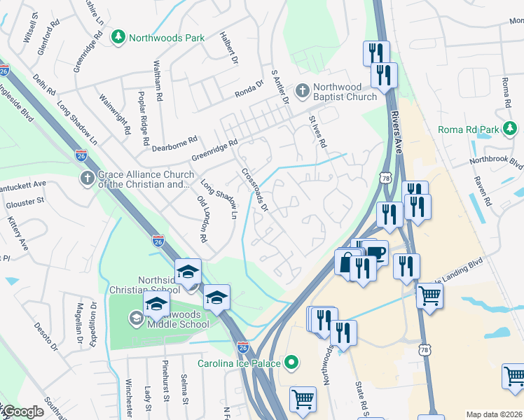 map of restaurants, bars, coffee shops, grocery stores, and more near 8152 Shadow Oak Drive in North Charleston