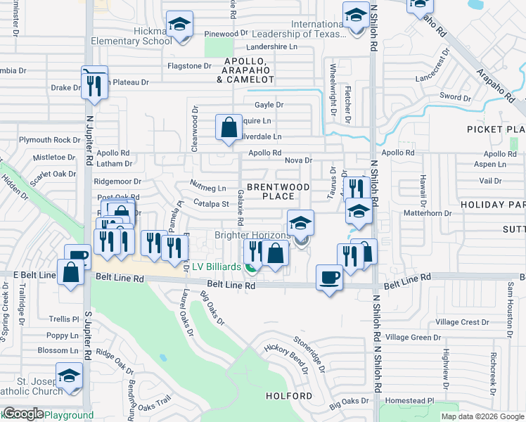 map of restaurants, bars, coffee shops, grocery stores, and more near 2944 Canis Circle in Garland