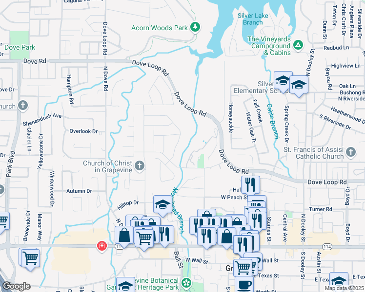 map of restaurants, bars, coffee shops, grocery stores, and more near 1001 Shady Oak Drive in Grapevine