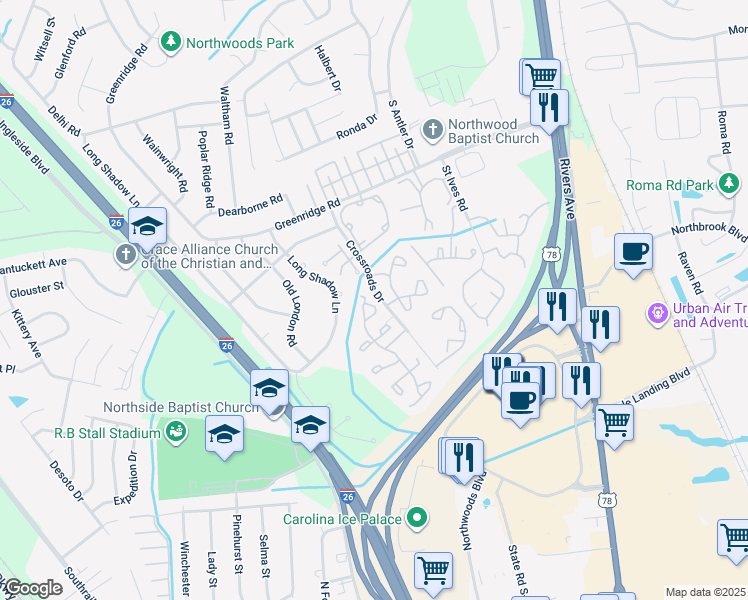 map of restaurants, bars, coffee shops, grocery stores, and more near 8146 Shadow Oak Drive in North Charleston