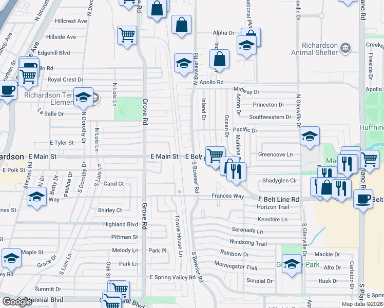 map of restaurants, bars, coffee shops, grocery stores, and more near 101 North Bowser Road in Richardson