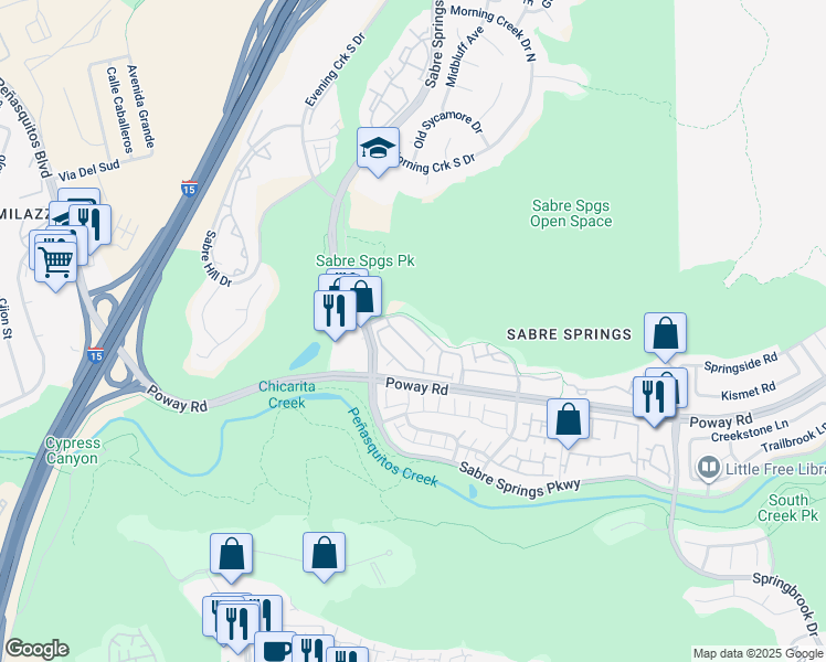 map of restaurants, bars, coffee shops, grocery stores, and more near 12685 Savannah Creek Drive in San Diego