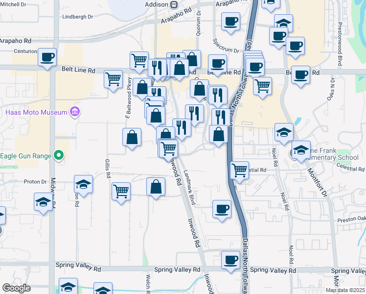 map of restaurants, bars, coffee shops, grocery stores, and more near 14800 Landmark Boulevard in Dallas
