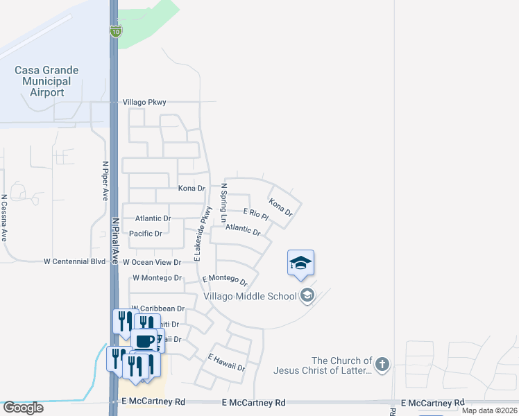 map of restaurants, bars, coffee shops, grocery stores, and more near 466 East Kona Drive in Casa Grande
