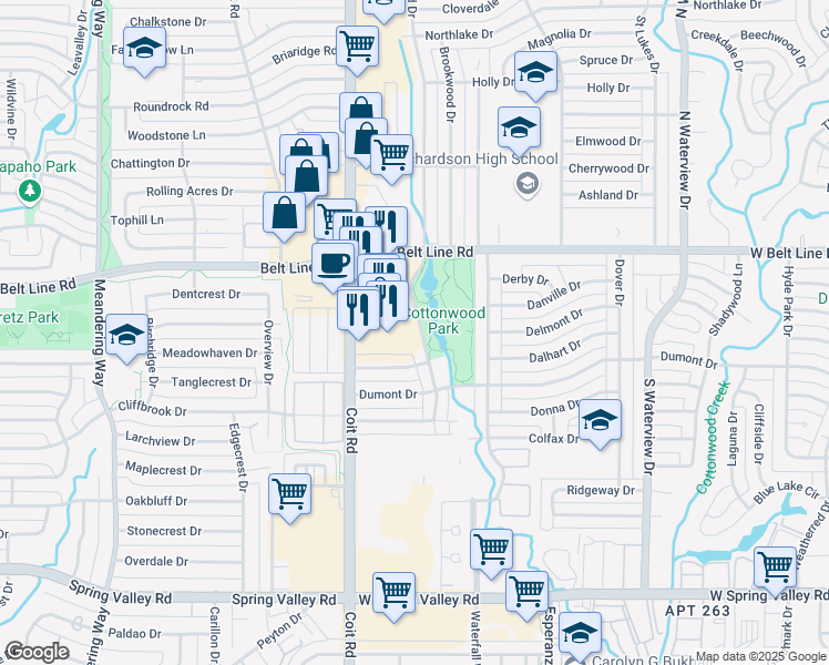 map of restaurants, bars, coffee shops, grocery stores, and more near 300 South Cottonwood Drive in Richardson