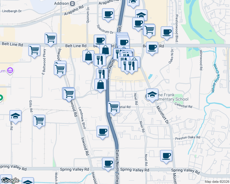 map of restaurants, bars, coffee shops, grocery stores, and more near 5149 Verde Valley Lane in Dallas