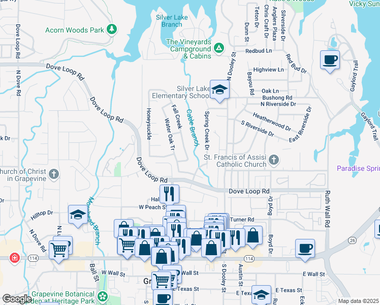 map of restaurants, bars, coffee shops, grocery stores, and more near 905 Fall Creek in Grapevine