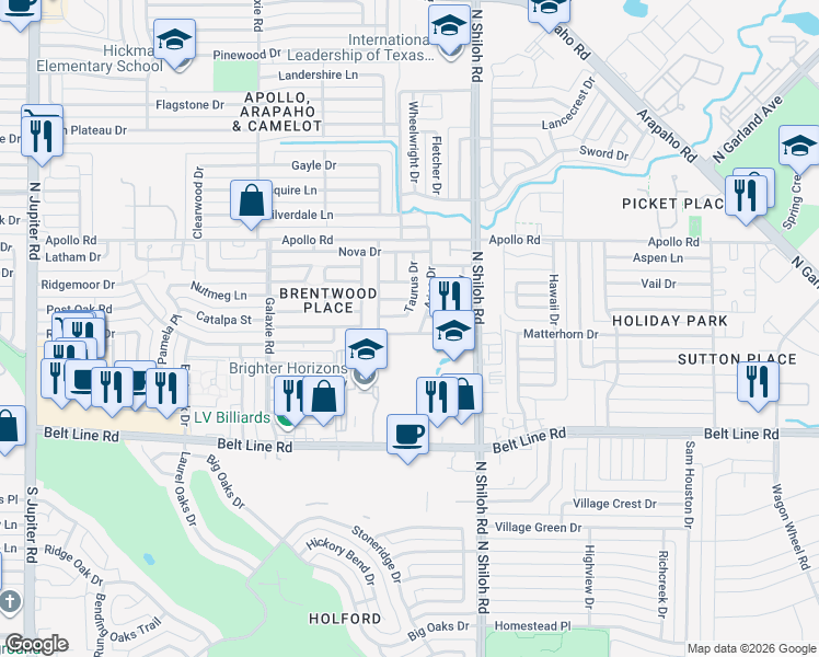 map of restaurants, bars, coffee shops, grocery stores, and more near 3407 Aries Drive in Garland