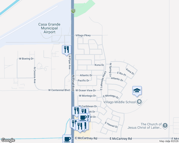 map of restaurants, bars, coffee shops, grocery stores, and more near 156 West Rio Drive in Casa Grande