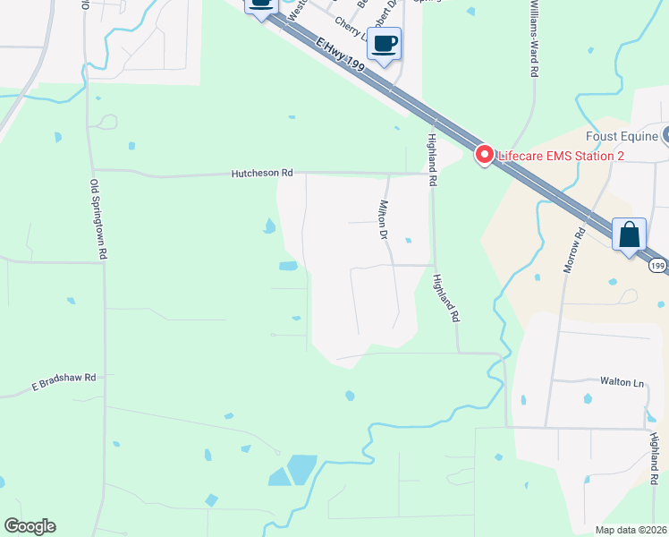 map of restaurants, bars, coffee shops, grocery stores, and more near 128 Howard Newby Lane in Springtown