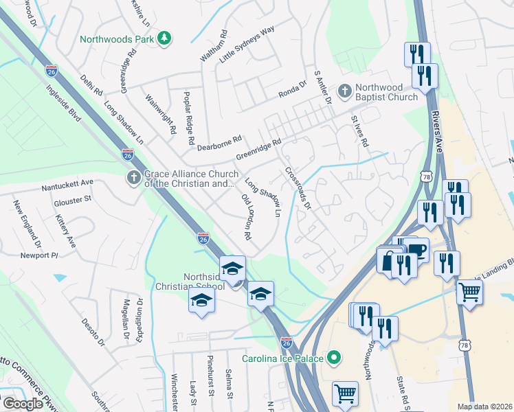 map of restaurants, bars, coffee shops, grocery stores, and more near 8055 Old London in North Charleston