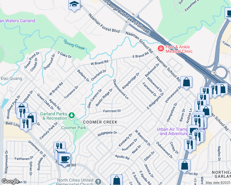 map of restaurants, bars, coffee shops, grocery stores, and more near 213 Rustic Ridge Drive in Garland