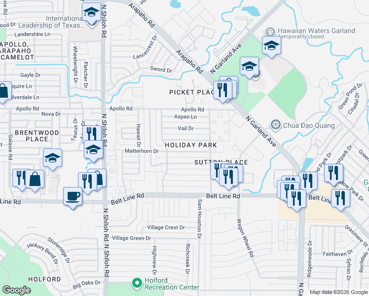 map of restaurants, bars, coffee shops, grocery stores, and more near 2014 Steamboat Springs Drive in Garland