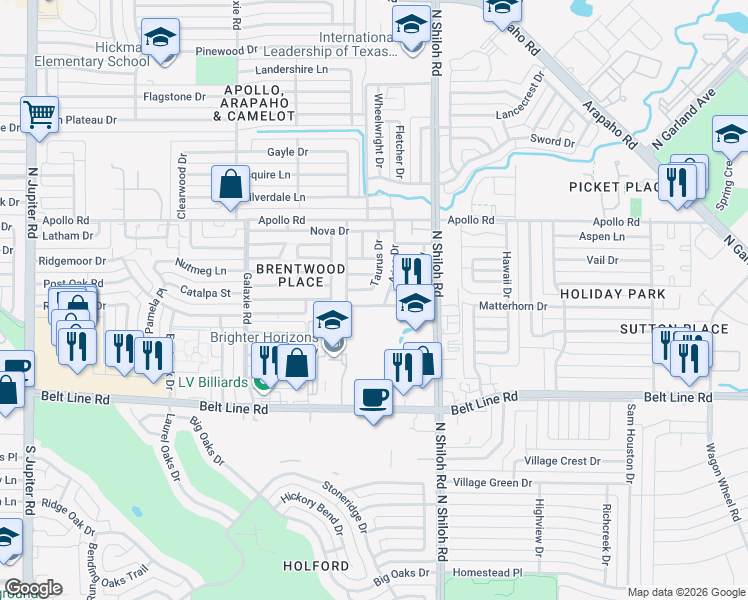 map of restaurants, bars, coffee shops, grocery stores, and more near 3407 Aries Drive in Garland