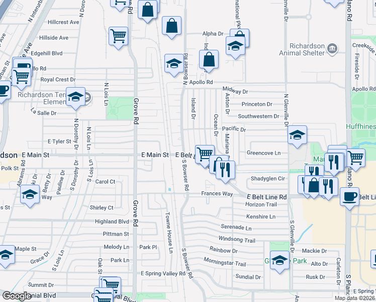 map of restaurants, bars, coffee shops, grocery stores, and more near 111 North Bowser Road in Richardson