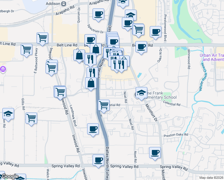 map of restaurants, bars, coffee shops, grocery stores, and more near 5149 Verde Valley Lane in Dallas