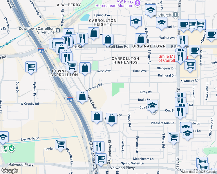 map of restaurants, bars, coffee shops, grocery stores, and more near 1402 Fannidella Drive in Carrollton