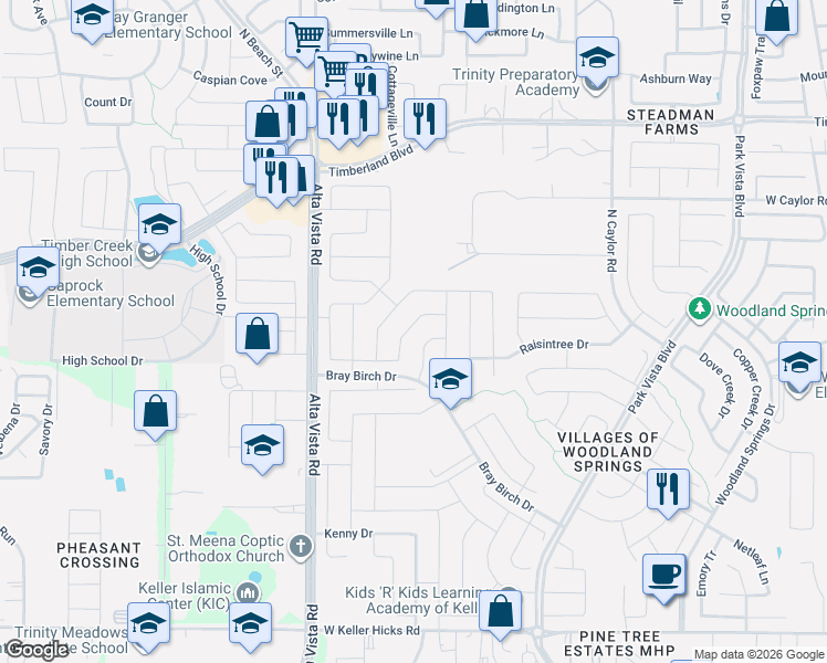 map of restaurants, bars, coffee shops, grocery stores, and more near 4848 Carrotwood Drive in Fort Worth