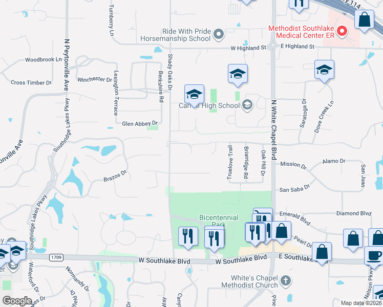 map of restaurants, bars, coffee shops, grocery stores, and more near 498 Chapel Downs Court in Southlake