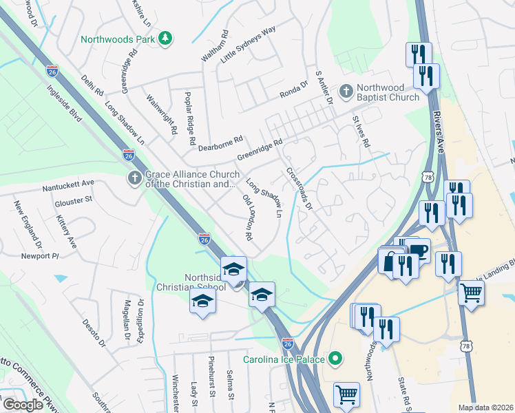 map of restaurants, bars, coffee shops, grocery stores, and more near 8055 Old London in North Charleston